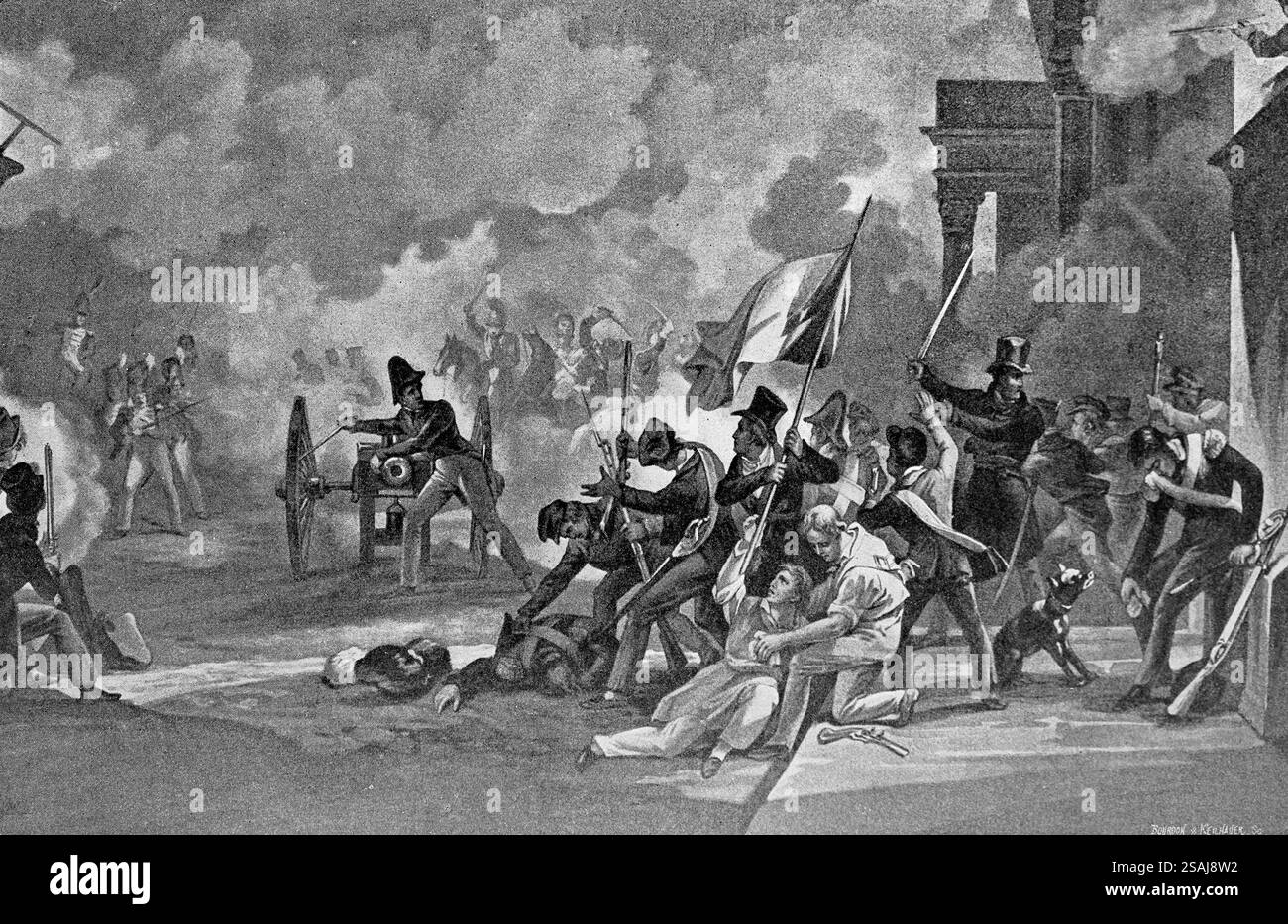 Frankreich. Paris. 1830 Revolution. Königliche Gärten. Die Studenten der Ecole Polytechnique fangen einen Kanon ein. Stich von Martinet. 19. Stockfoto