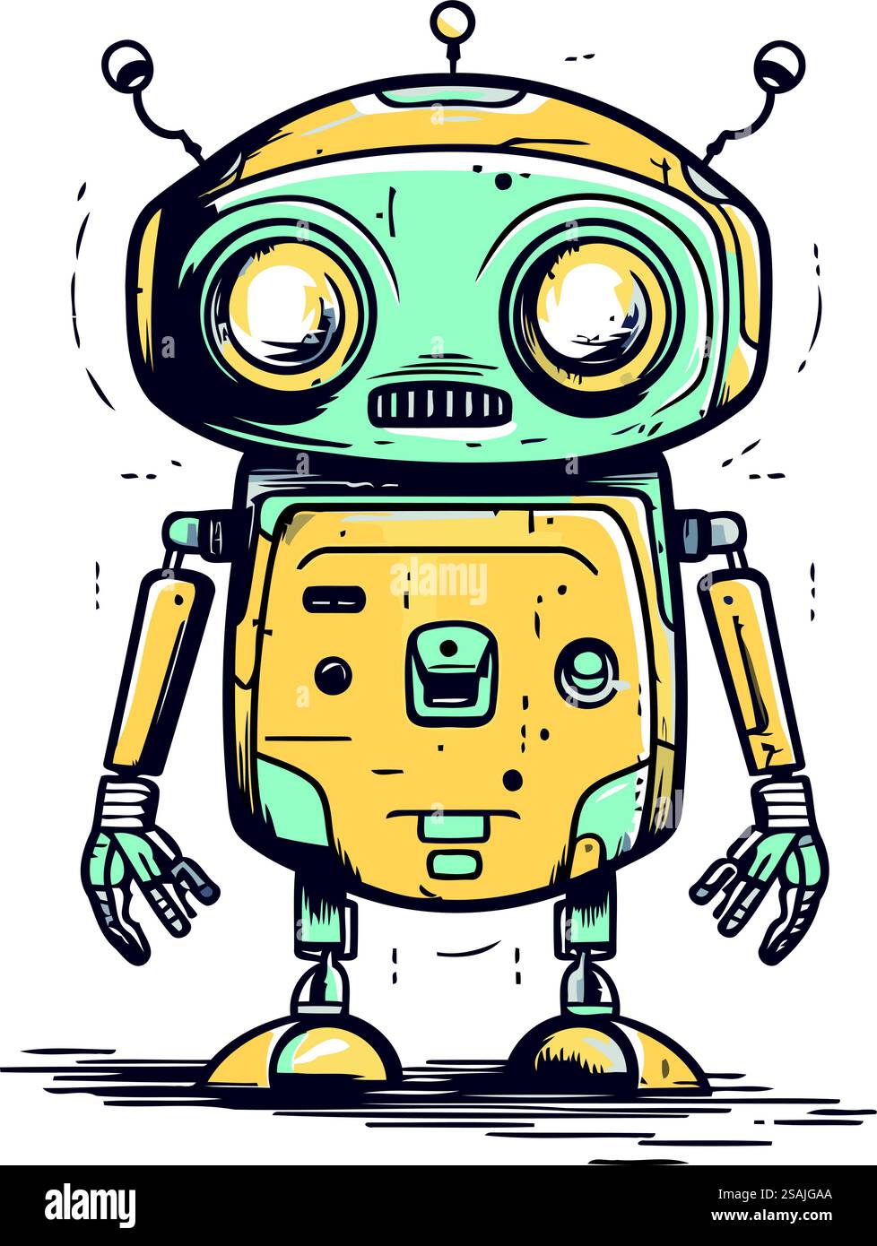 Niedlicher Retro-Roboter. Handgezeichnete Vektorillustration isoliert auf weißem Hintergrund. Stock Vektor