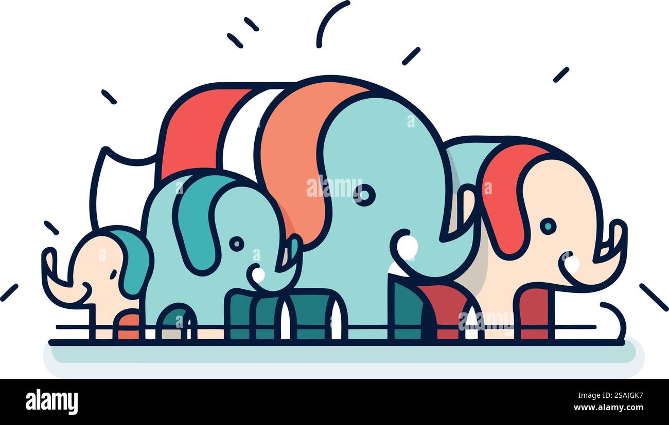 Bunte Vektor-Illustration einer Gruppe von Elefanten in einer Reihe. Stock Vektor