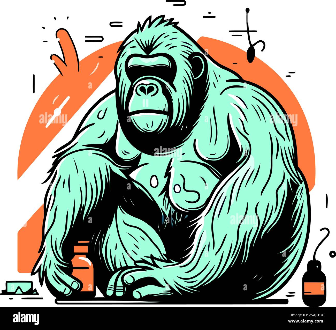 Vektorillustration eines Gorillas mit einer Flasche Medizin in der Hand. Stock Vektor