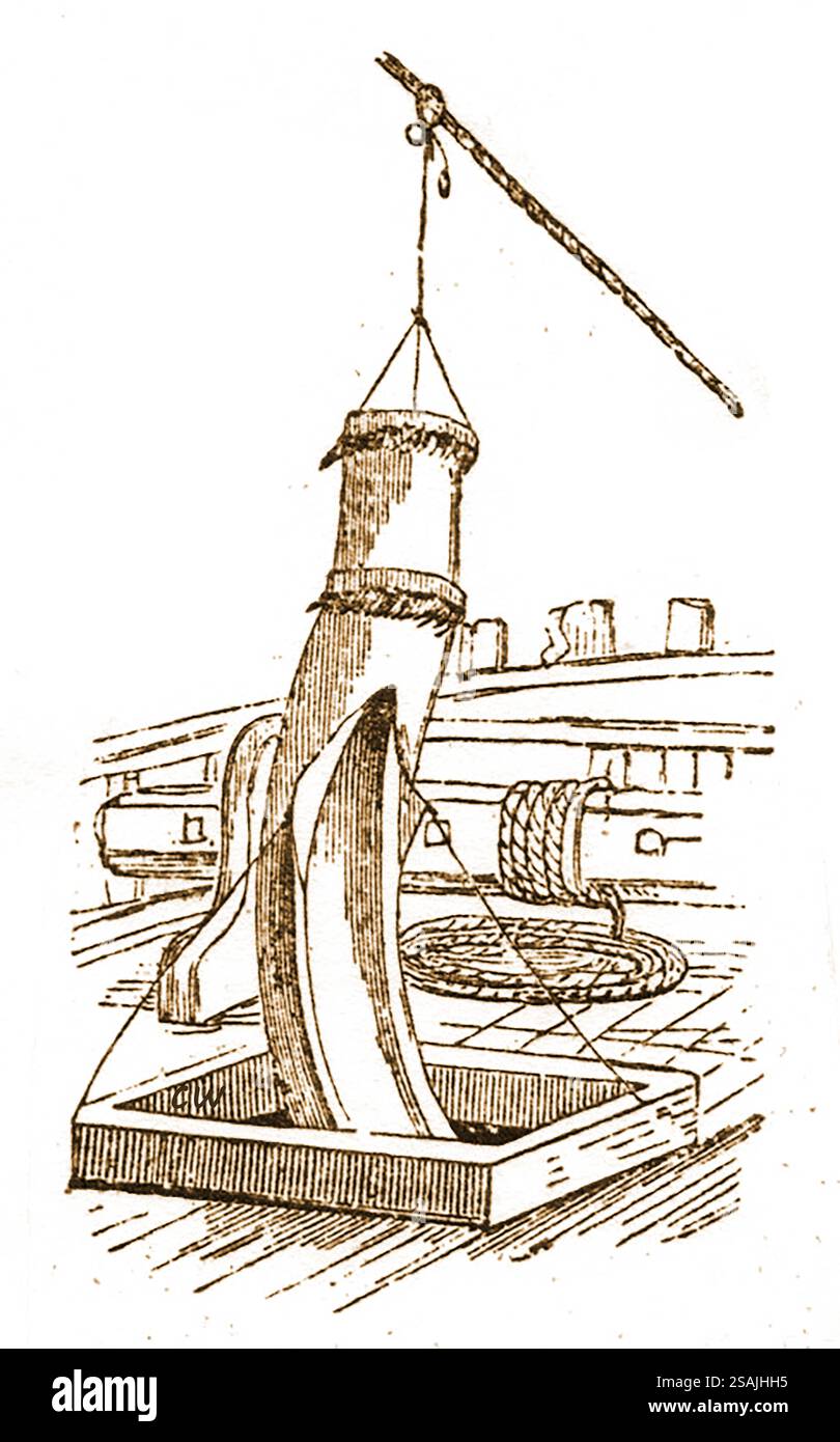 Eine Illustration aus dem 19. Jahrhundert, die ein Windsegel zeigt, das an der Ausleger-Stütze hängt. Stockfoto