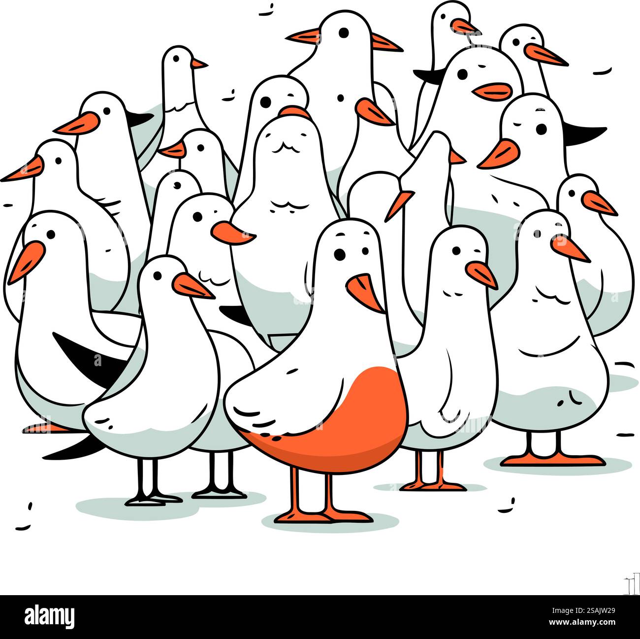 Vektorillustration einer Gruppe von Möwen isoliert auf weißem Hintergrund. Stock Vektor