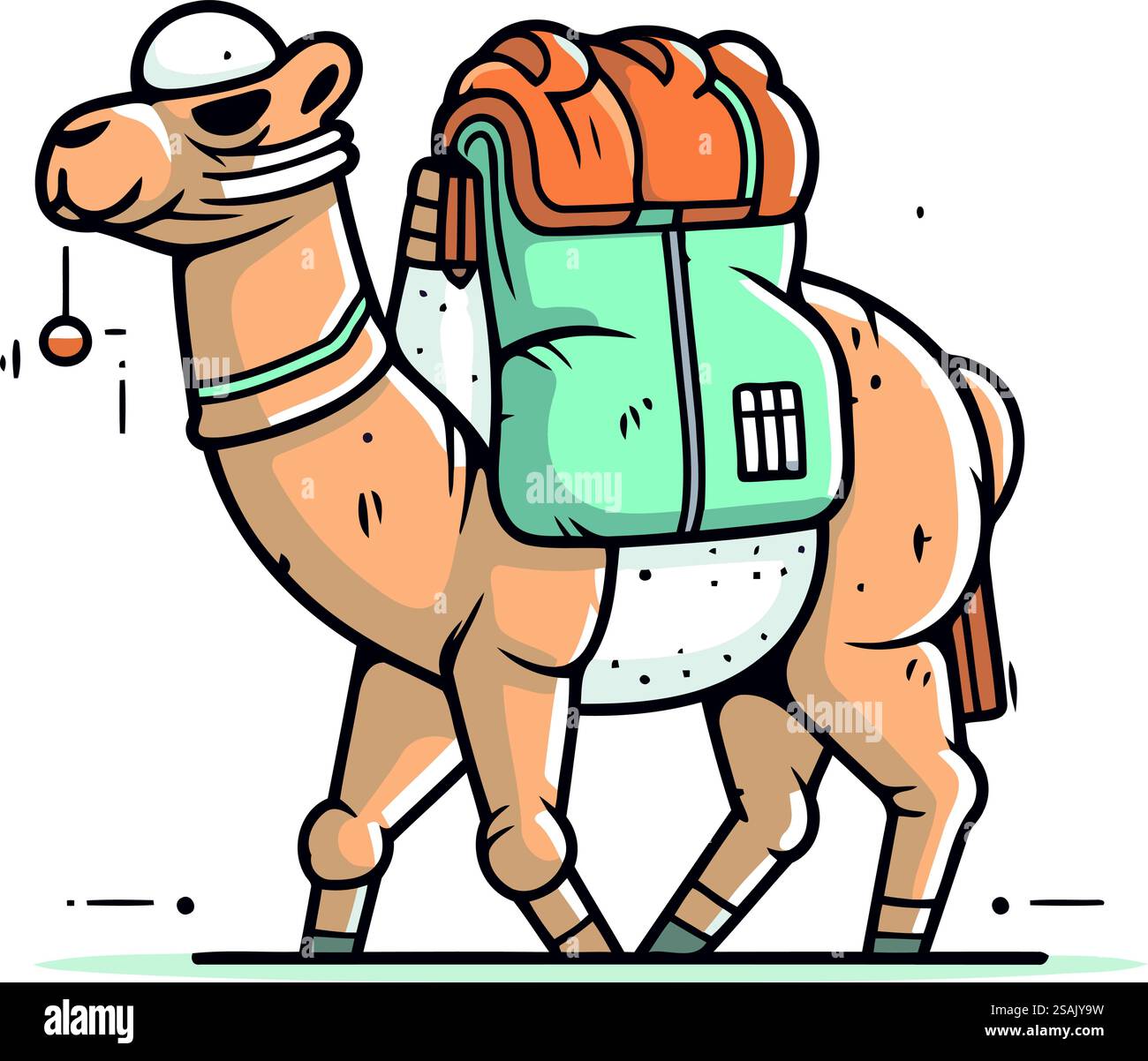 Kamel mit Rucksack. Vektorillustration im Cartoon-Stil auf weißem Hintergrund. Stock Vektor