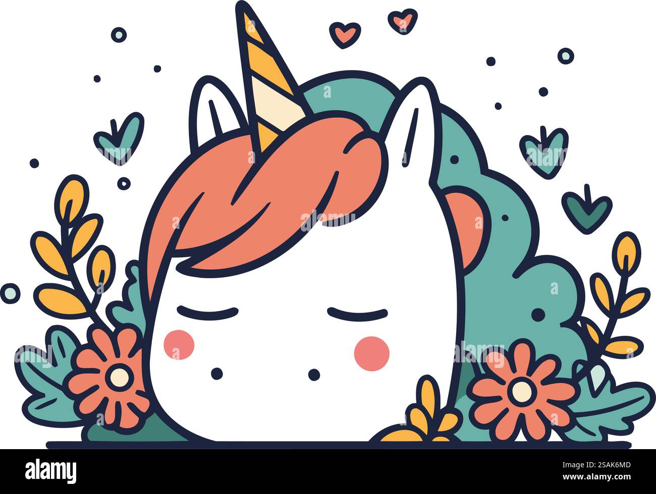 Niedliches Einhorn mit Blumen. Vektorillustration im Doodle-Stil. Stock Vektor