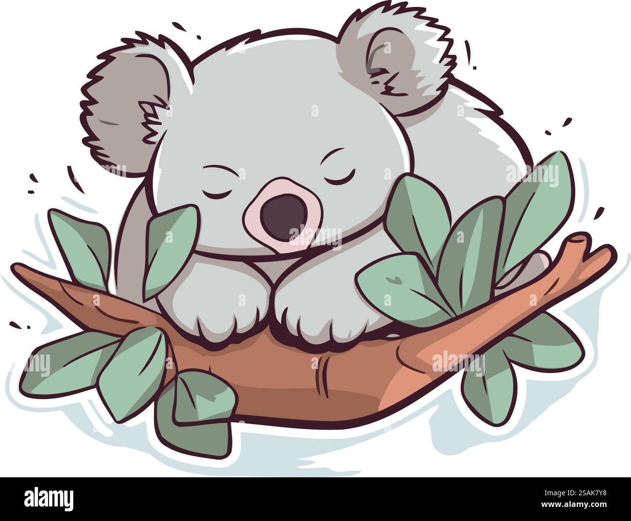 Niedlicher Koala, der auf Eukalyptuszweig schläft. Vektorabbildung. Stock Vektor