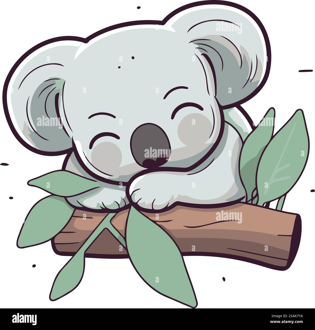 Niedlicher Karikaturkoala, der auf einem Zweig mit Eukalyptusblättern schläft Stock Vektor