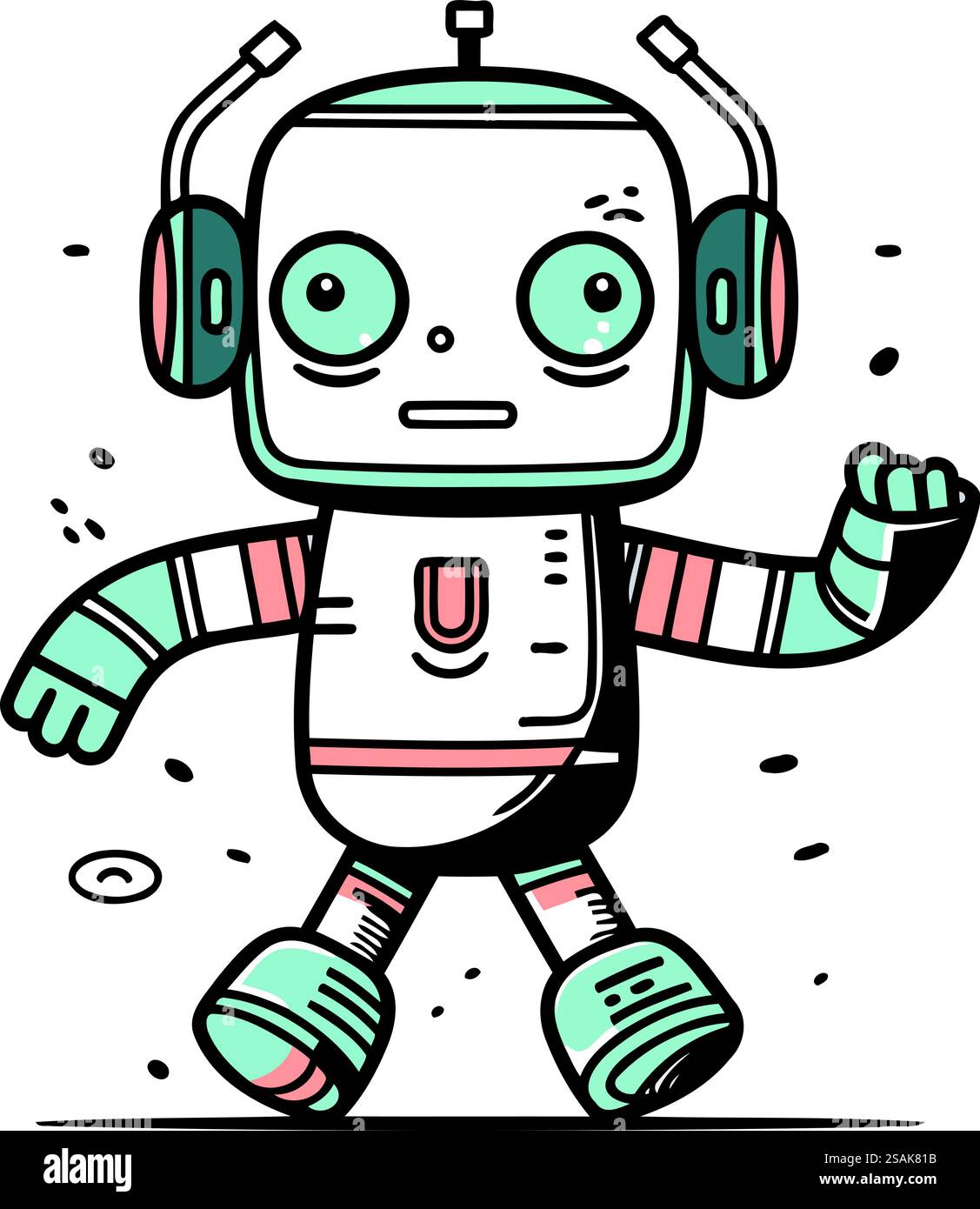Niedlicher Roboter mit Kopfhörern. Vektorillustration im Doodle-Stil. Stock Vektor