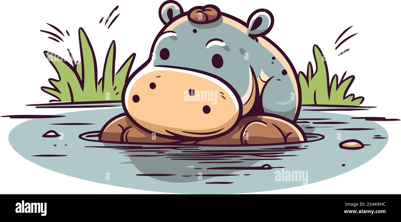 Niedliches Nilpferd im Fluss. Illustration des Zeichentrickvektors. Stock Vektor