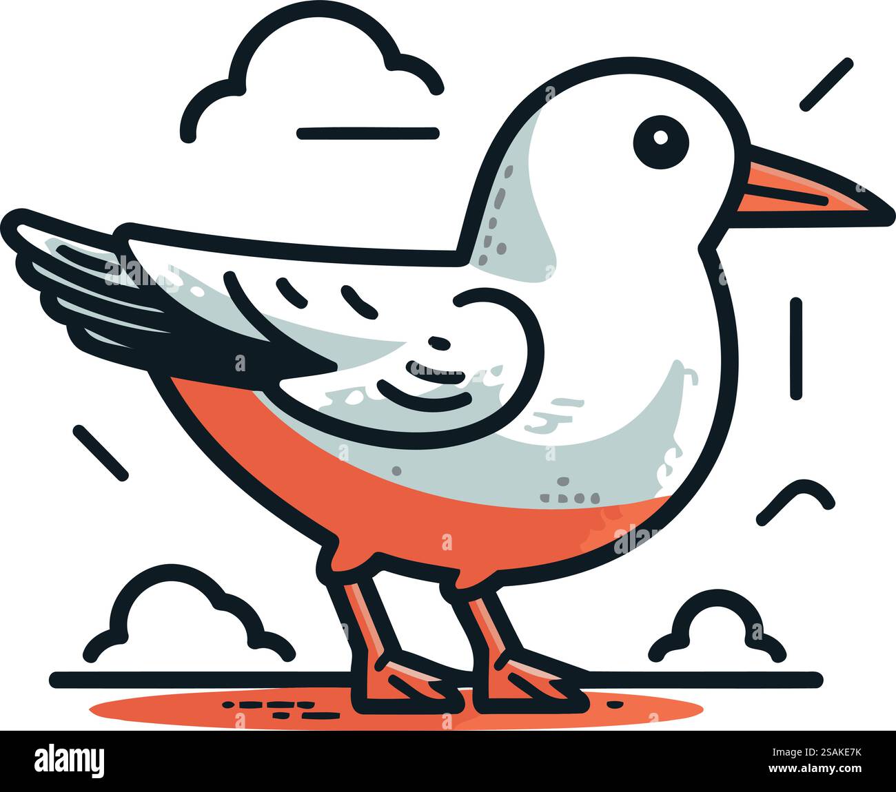 Vektorillustration einer Möwe, die mit Wolken am Himmel fliegt Stock Vektor