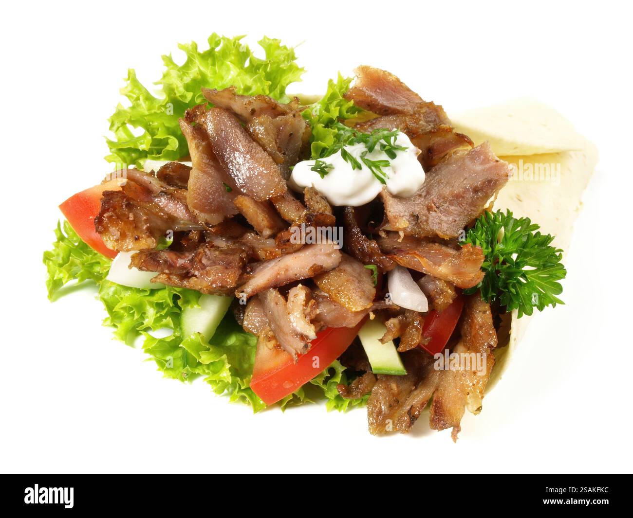 Kebab Sandwich auf weißem Hintergrund Stockfoto