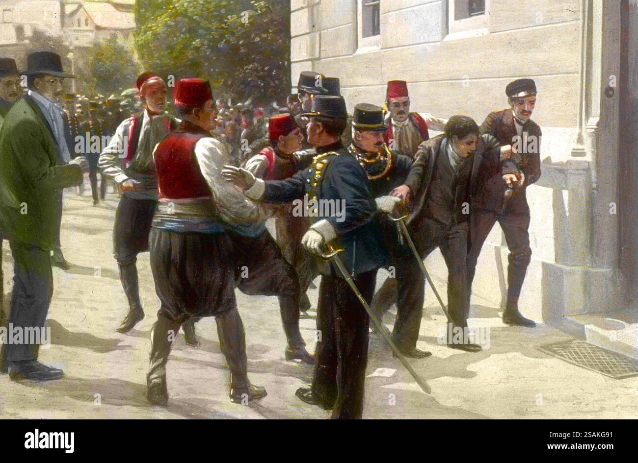 Verhaftung von Gavrilo Pincip, dem Attentäter des Erzherzogs und Herzogin von Österreich, Sarajevo, 28. Juni 1914 - die Ermordung brachte Europa fest auf den Weg zum Ersten Weltkrieg Stockfoto