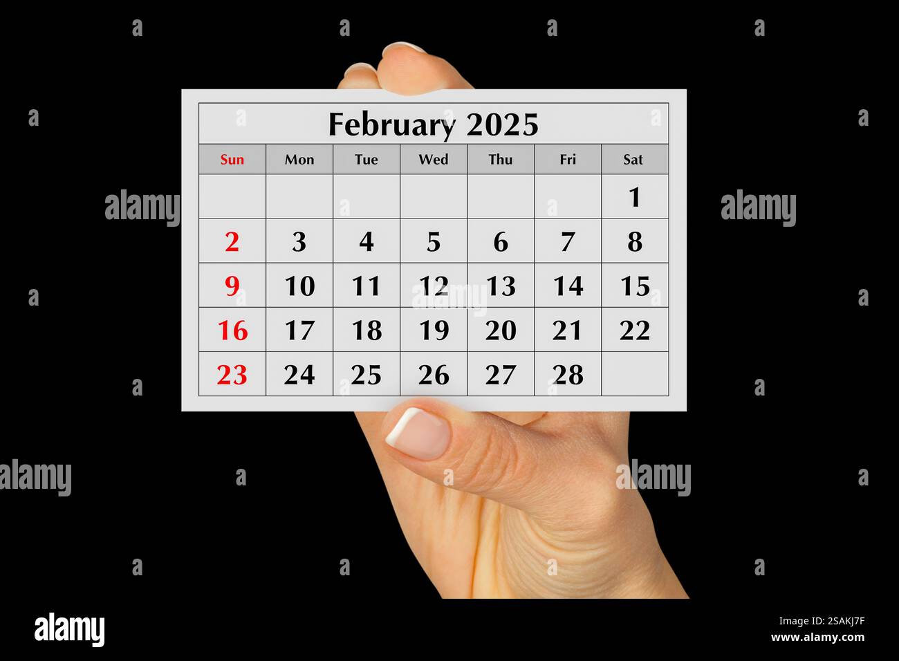 Seite des jährlichen Monatskalenders februar 2025. Isoliert auf schwarzem Hintergrund Stockfoto