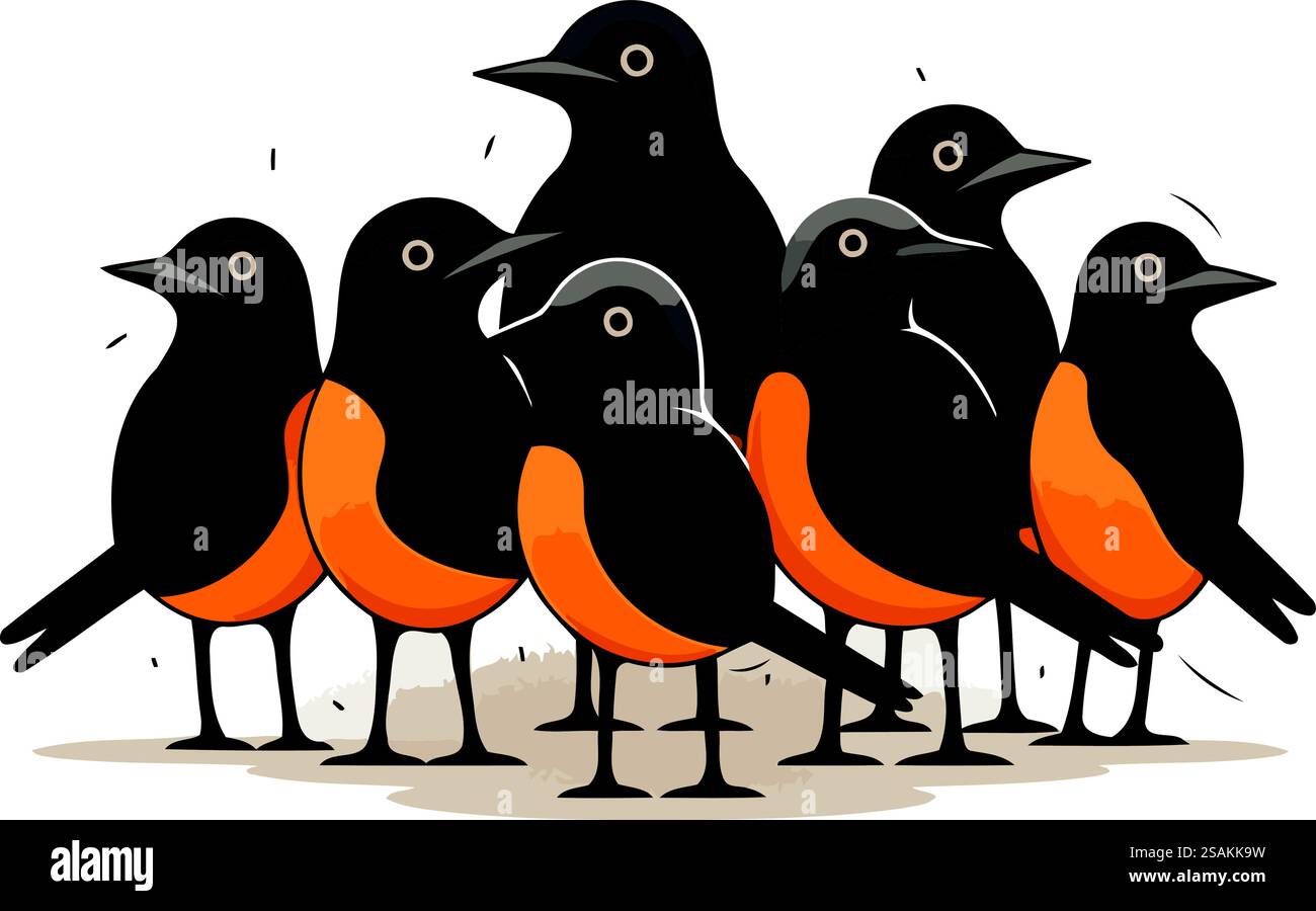 Gruppe von Amseln isoliert auf weißem Hintergrund. Vektorabbildung. Stock Vektor