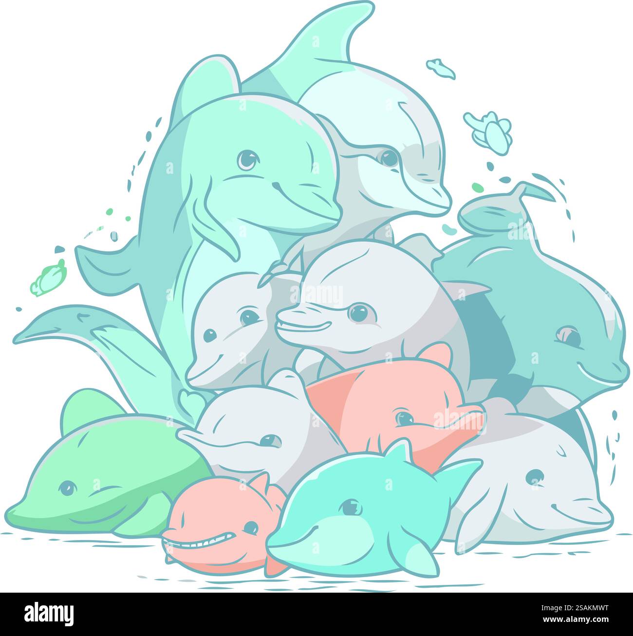 Dolphin Familie. Vektor-Illustration einer Gruppe niedlicher Zeichentrickdelfine. Stock Vektor