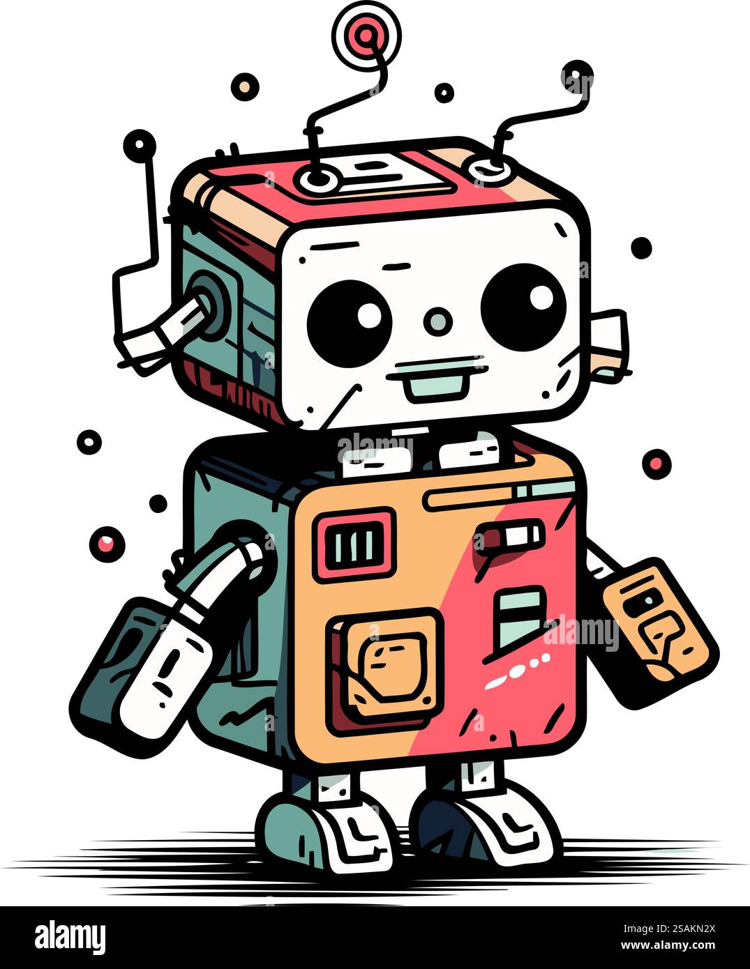 Roboter mit Koffer. Niedliche Zeichentrickfigur. Vektorabbildung. Stock Vektor