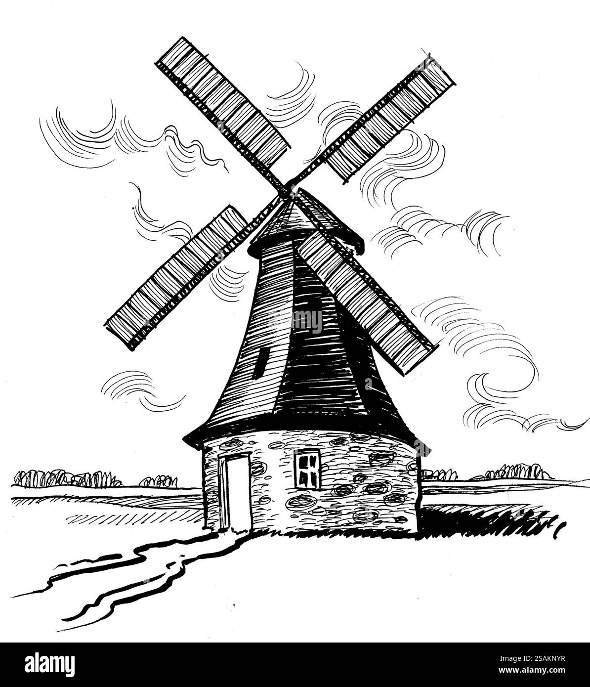 Windmühle auf dem Land. Handgezeichnete schwarz-weiße Illustration im Retro-Stil Stockfoto