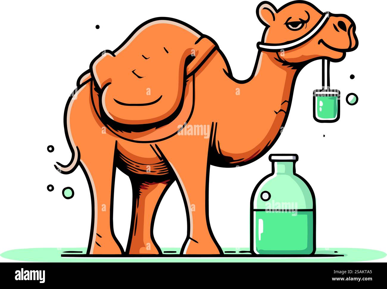Kamel mit Arzneiflasche. Vektor-Illustration in flachem Cartoon-Stil. Stock Vektor
