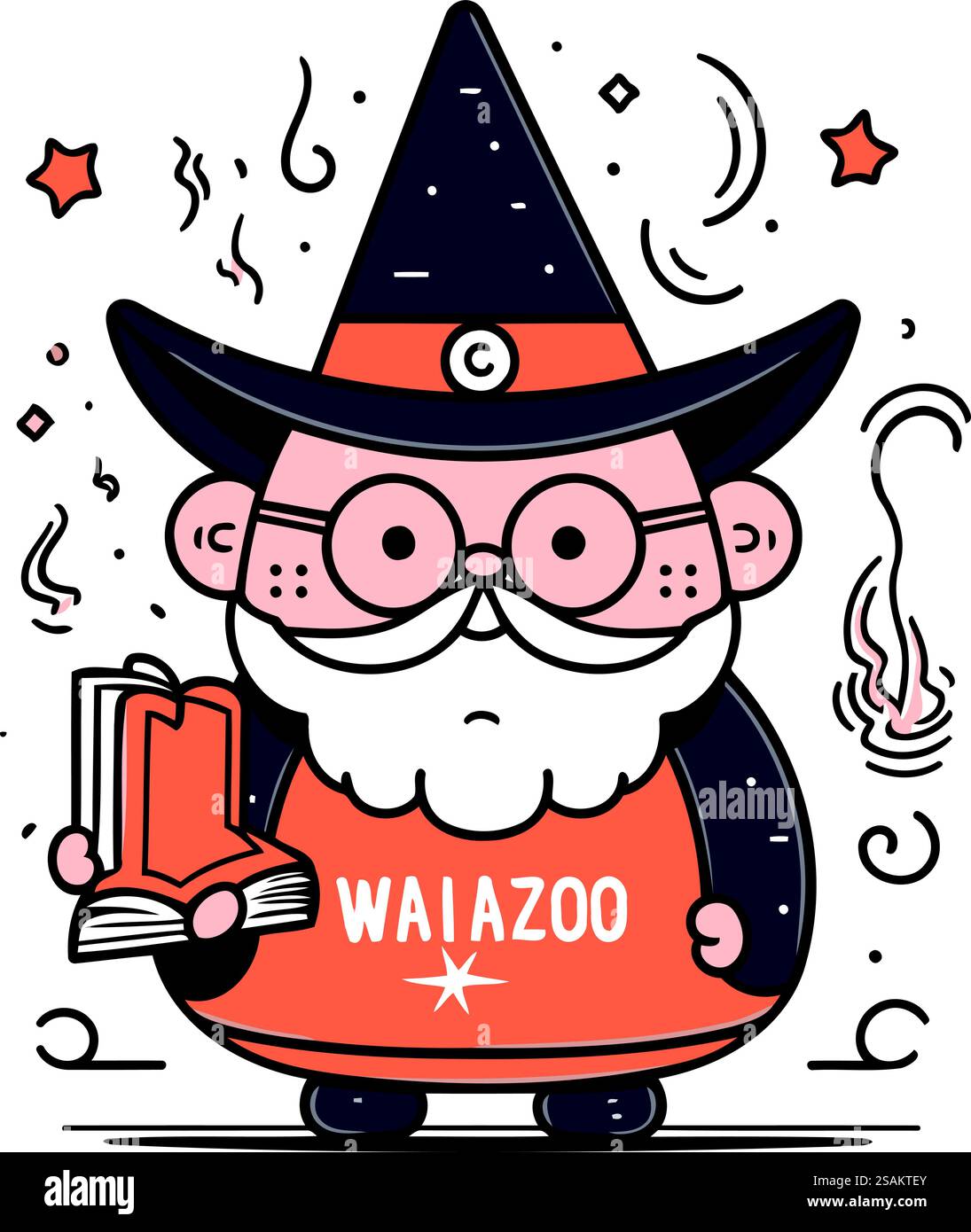 Niedlicher Cartoon-Zauberer mit magischem Buch. Vektor-Illustration für Halloween. Stock Vektor