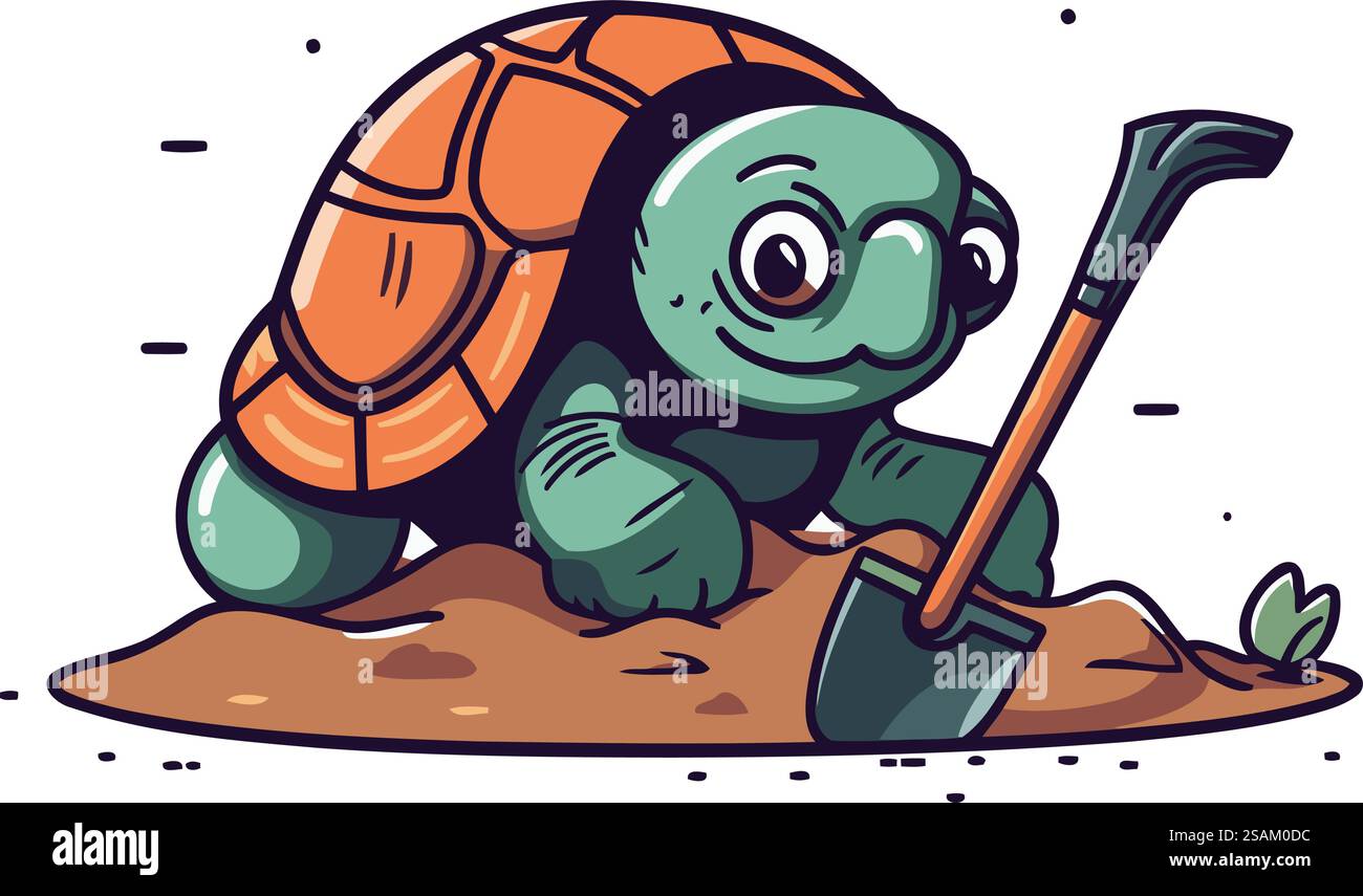 Schildkröte mit Schaufel. Niedliche Zeichentrickfigur. Vektorabbildung. Stock Vektor