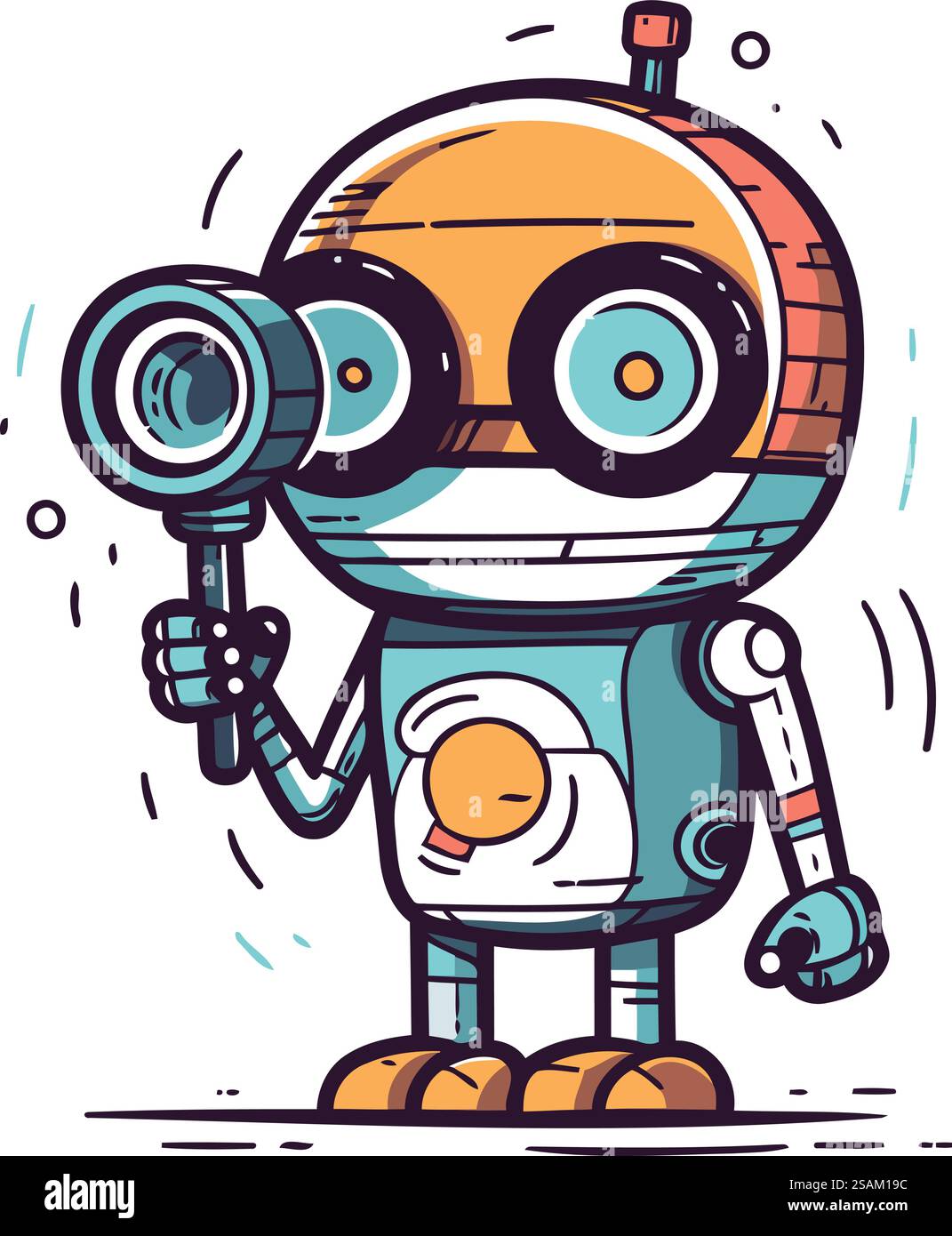 Niedlicher Roboter mit Fernglas. Handgezeichnete Vektorgrafik. Stock Vektor