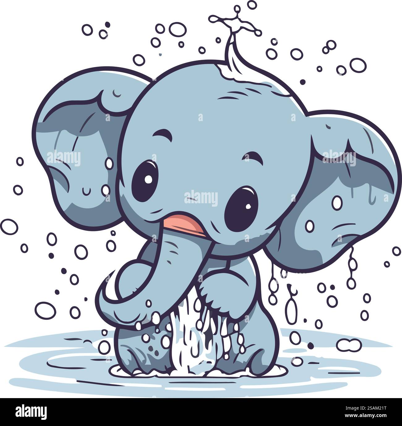 Niedlicher Comic-Elefant mit Spritzern Wasser. Vektorabbildung. Stock Vektor