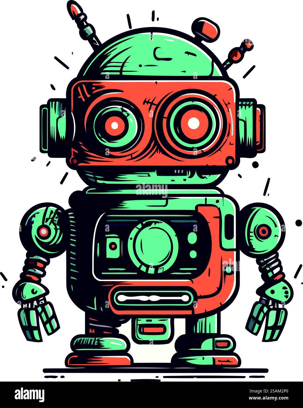 Retro-Roboter. Handgezeichnete Vektorgrafik. Isoliert auf weißem Hintergrund. Stock Vektor