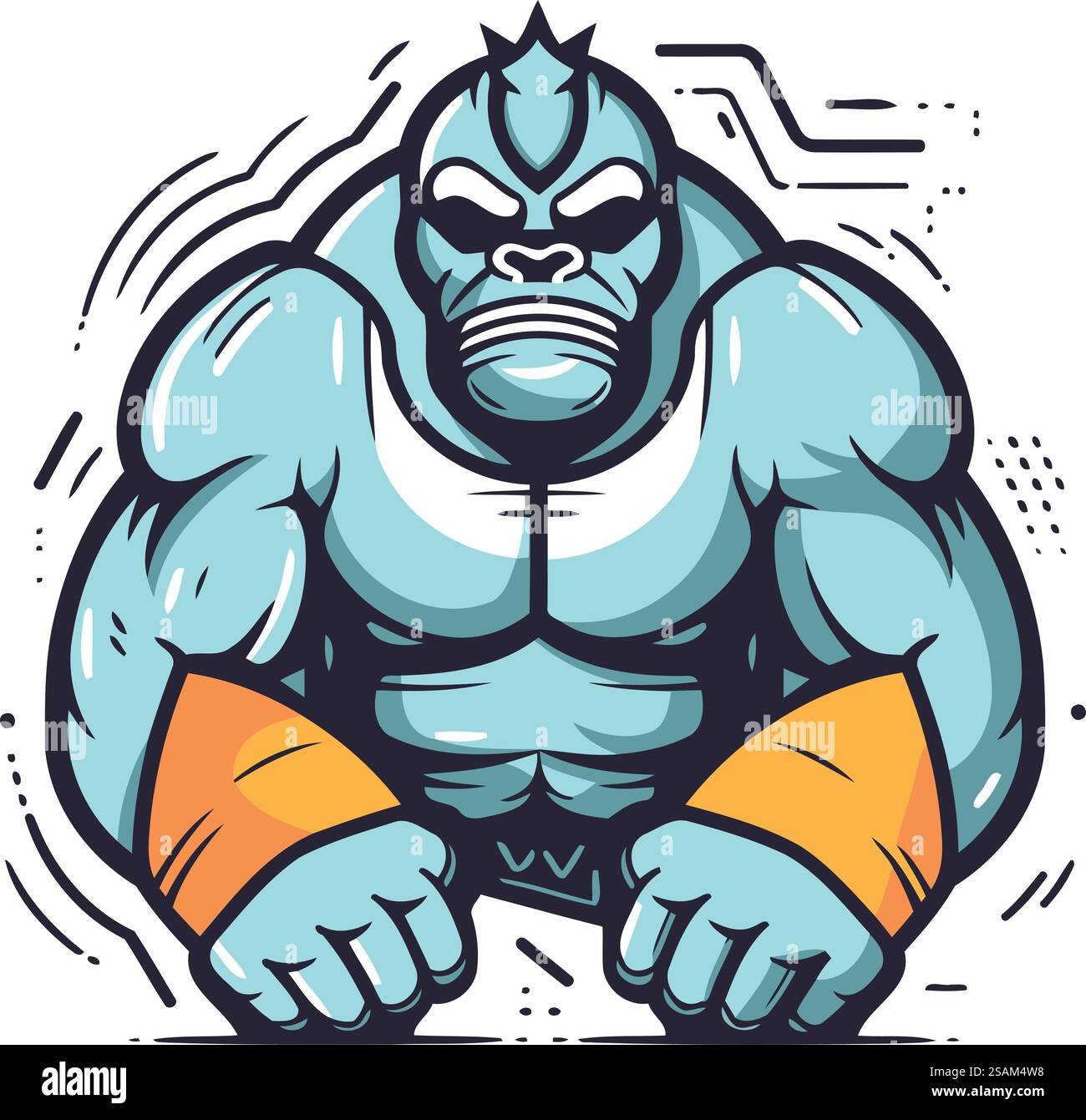Maskottchen-Illustration eines starken Gorilla-Maskottchens mit orange-blauem Hintergrund Stock Vektor