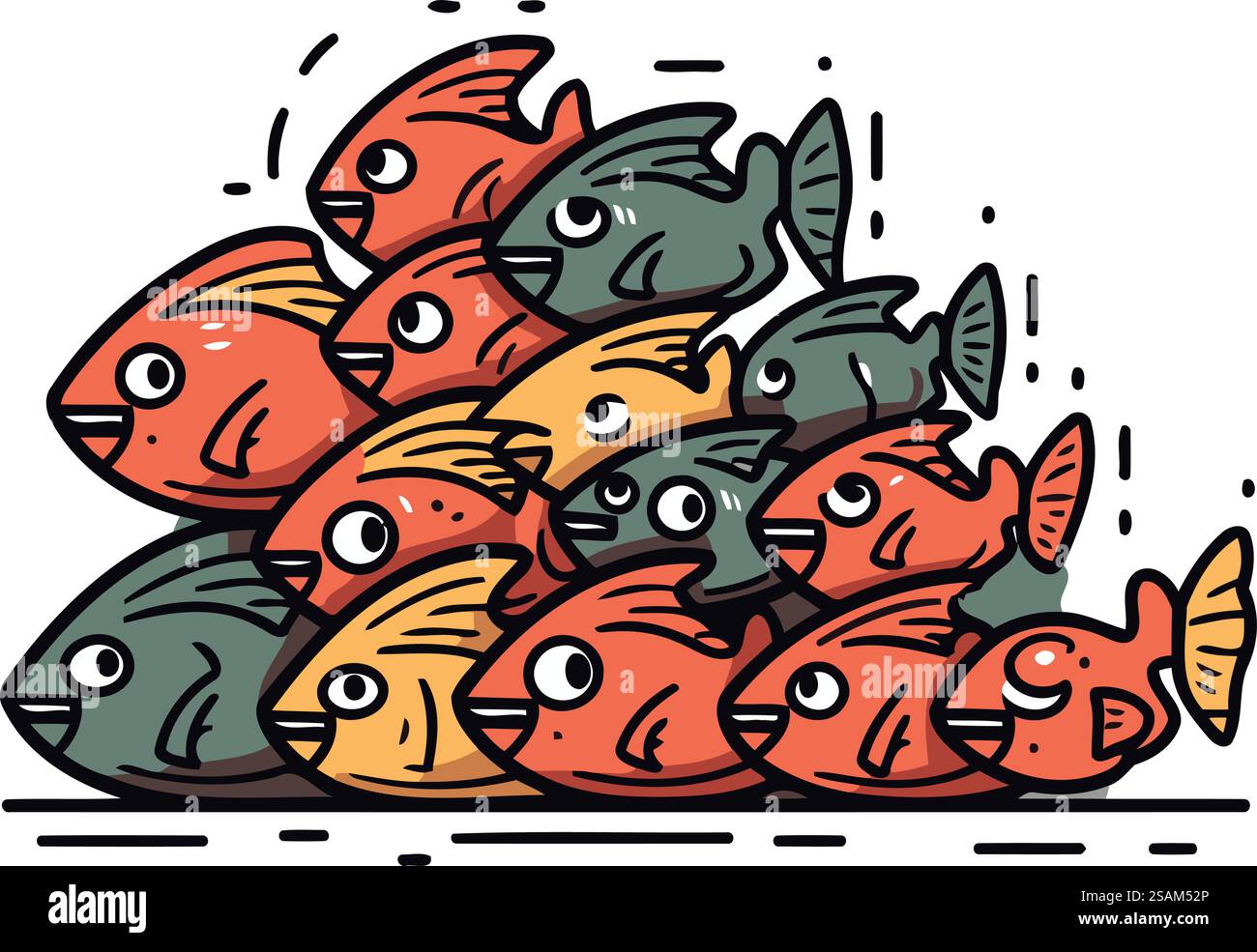 Vektorillustration einer Gruppe von Fischen. Niedlicher Karikaturfisch. Stock Vektor