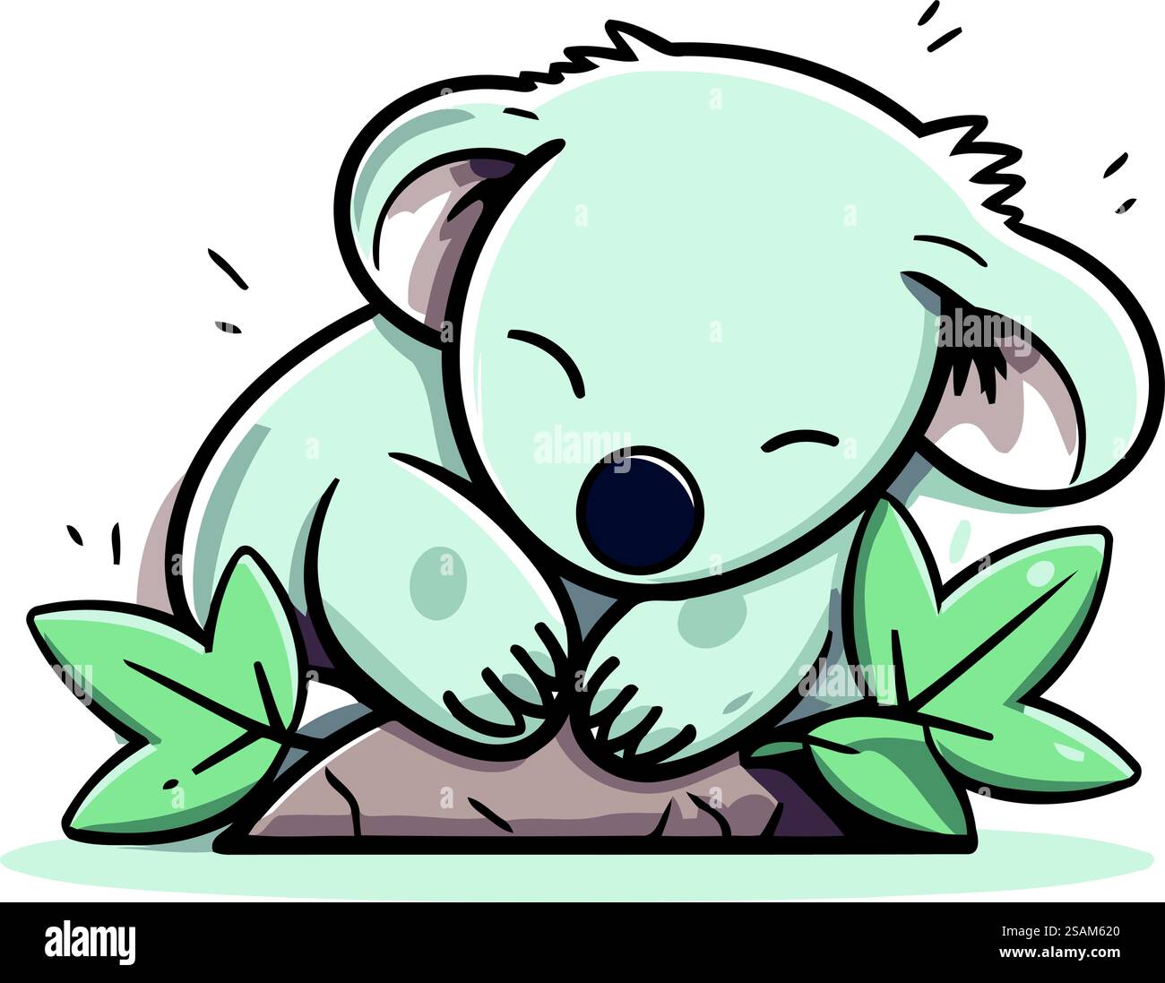 Süßer Koala, der auf Felsen mit Blättern schläft. Vektorabbildung. Stock Vektor