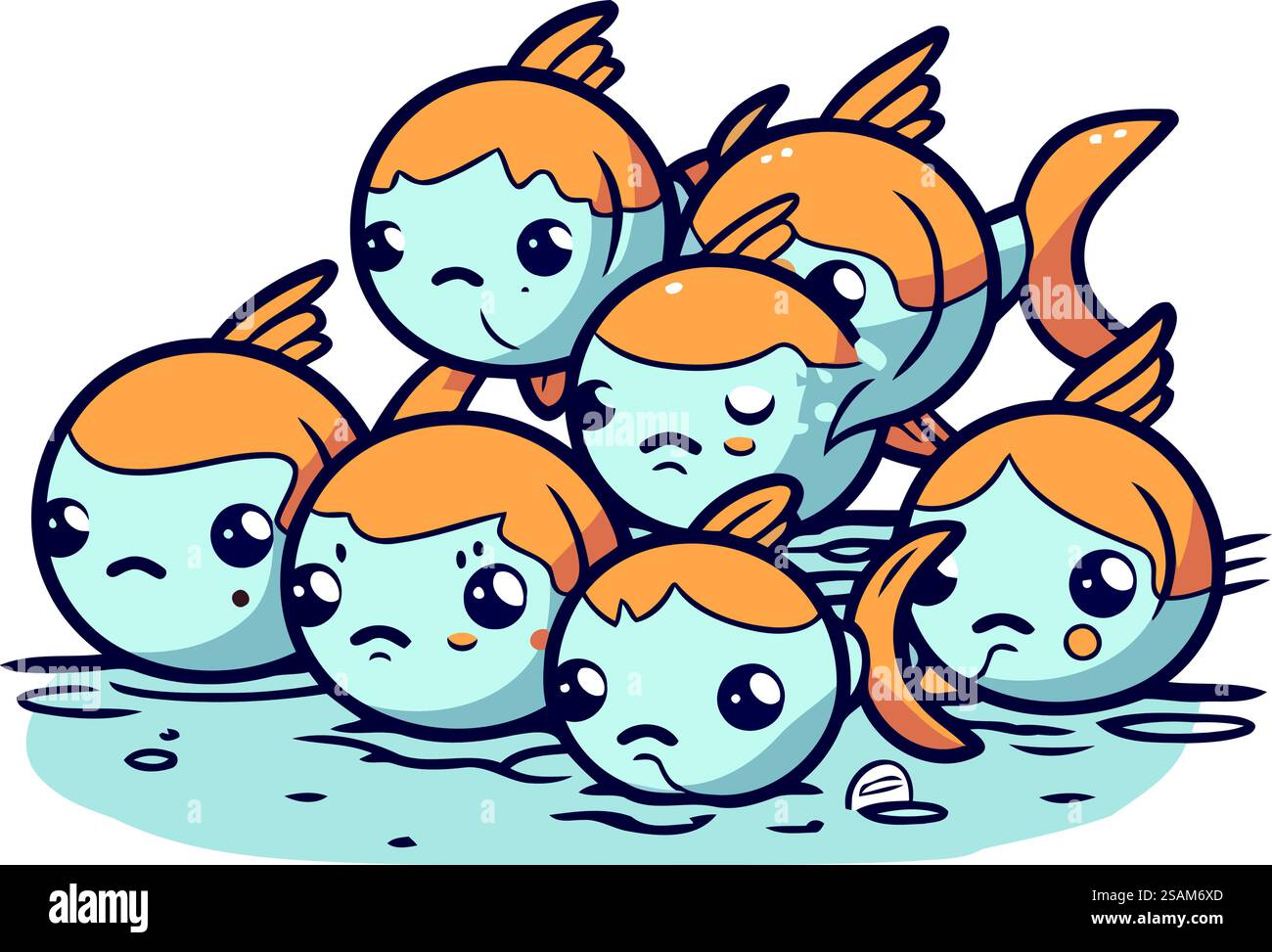 Vektor-Illustration einer Gruppe von niedlichen Zeichentrickfischen im Wasser. Stock Vektor