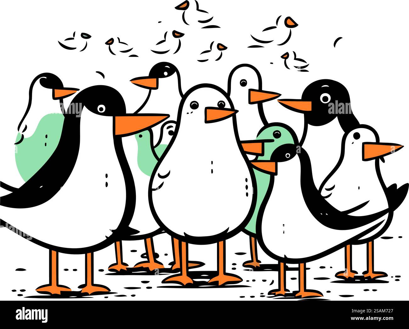 Vektorillustration einer Gruppe von Pinguinen auf weißem Hintergrund. Stock Vektor