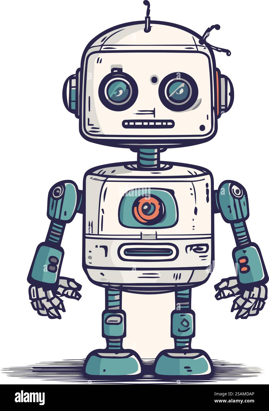 Niedlicher Karikaturroboter. Handgezeichnete Vektorgrafik. Isoliert auf weiß. Stock Vektor