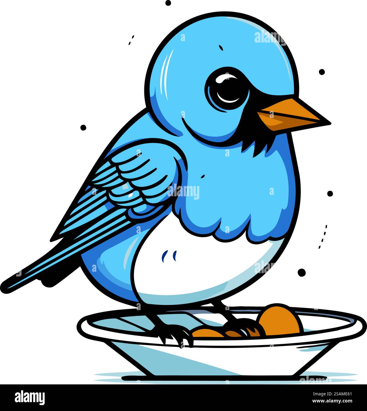 Vektor-Illustration eines blauen Vogels, der auf einem Teller mit Eiern sitzt. Stock Vektor