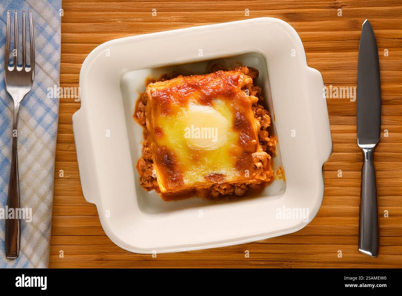 Eine Keramikplatte mit Lasagne auf einem Holztisch mit Messer und Gabel, Nahaufnahme. Stockfoto