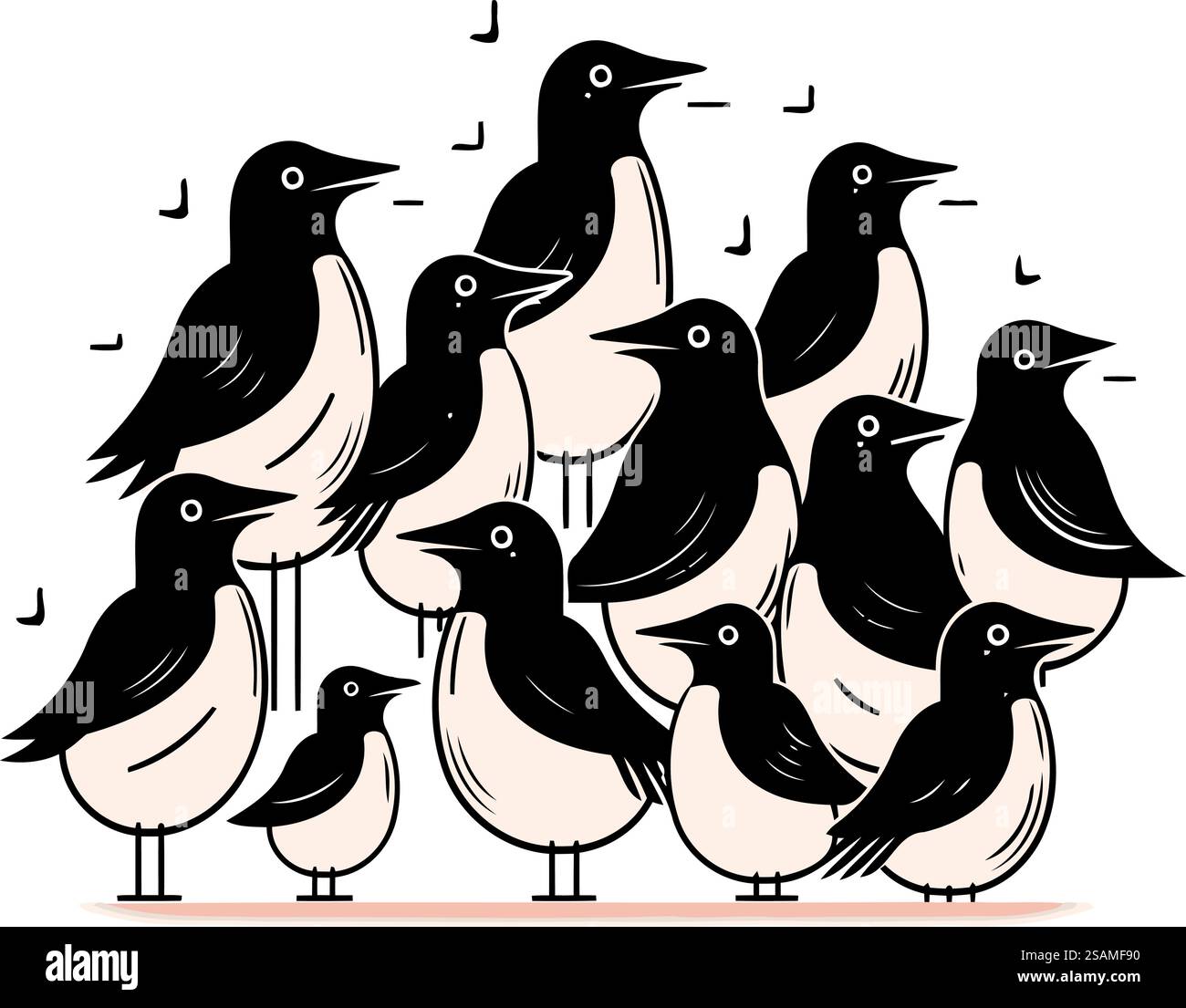 Gruppe von Vögeln. Hand gezeichnete Vektorillustration im Doodle-Stil. Stock Vektor