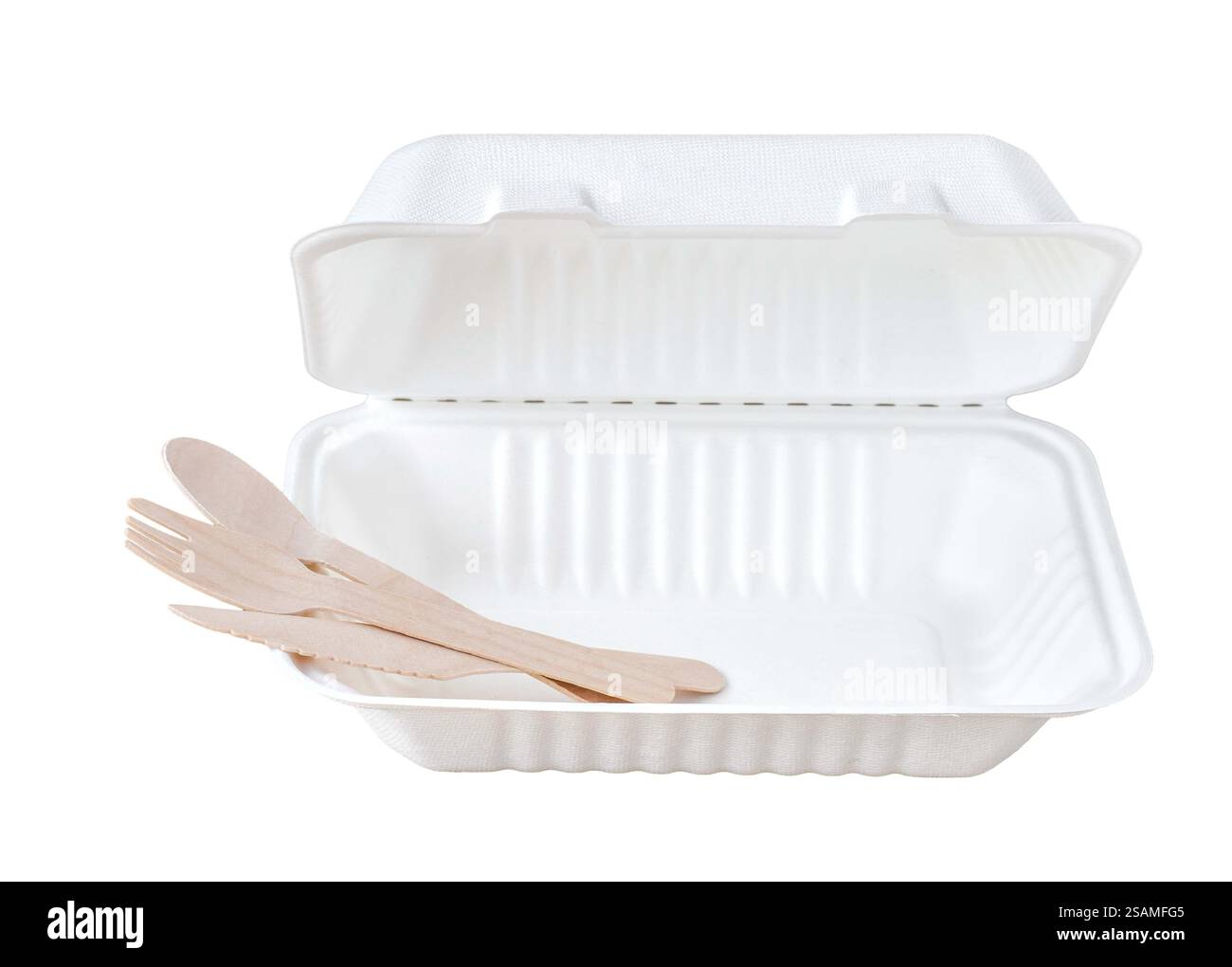 Biologisch abbaubares Besteck aus Holz aus Bambus zum Einmalgebrauch in einem leeren Entnahmebehälter Stockfoto