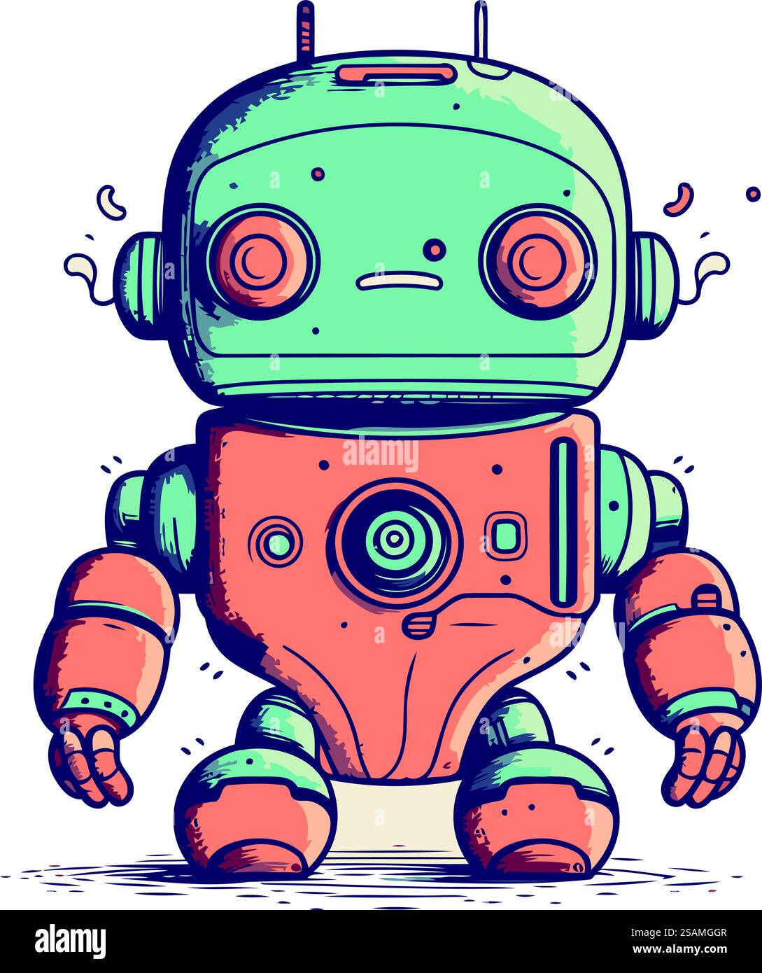 Niedlicher Karikaturroboter. Handgezeichnete Vektorgrafik. Isoliert auf weißem Hintergrund. Stock Vektor
