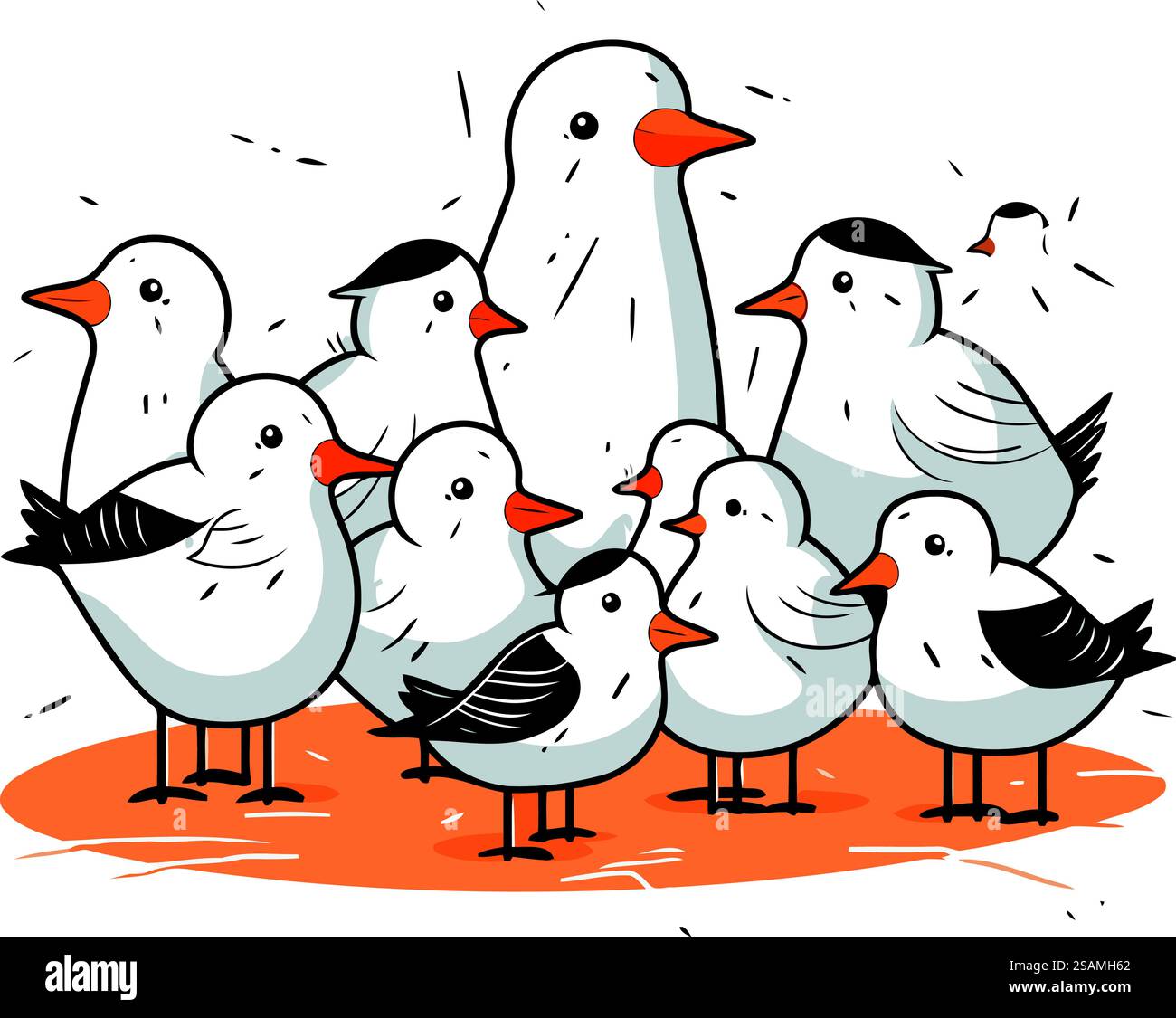 Gruppe der Möwen. Vektorillustration auf weißem Hintergrund. Stock Vektor