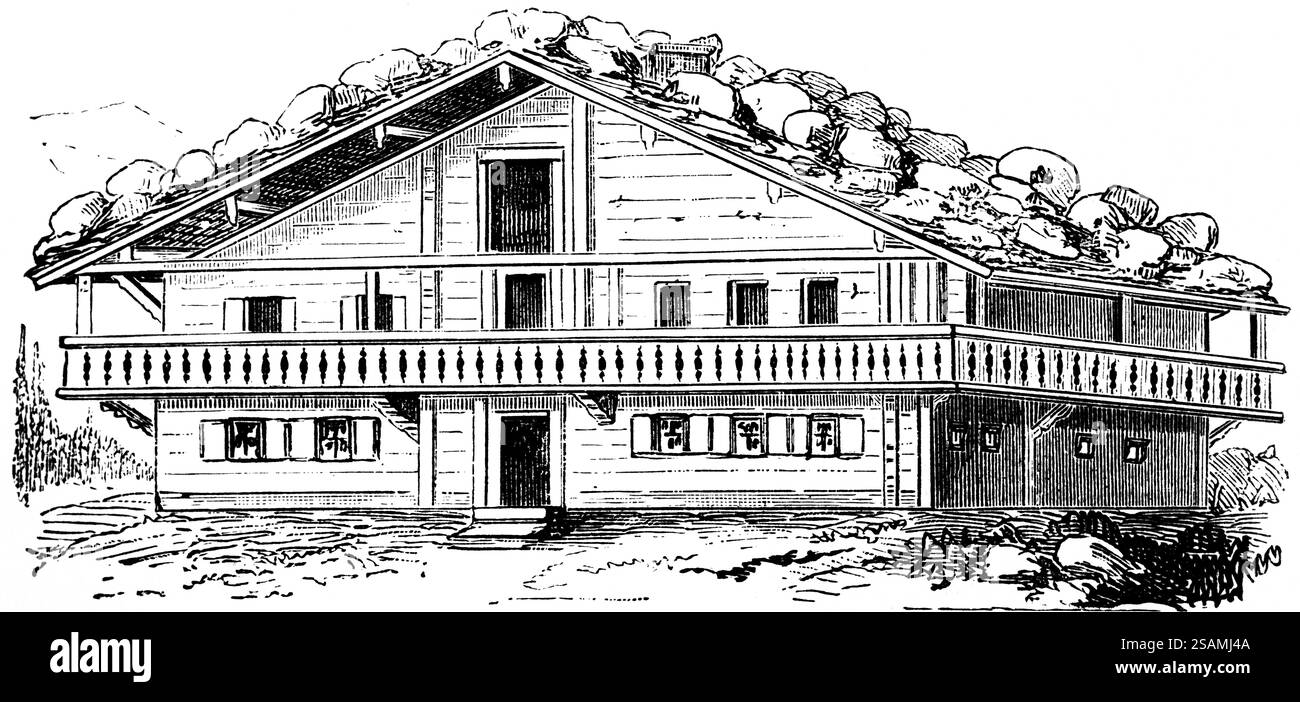 Schweizer Holzhaus mit Felsen auf dem Dach, Balkon um das Gebäude, Fensterläden, Baustoff Holz, regionale Architektur, Haustyp, mo Stockfoto