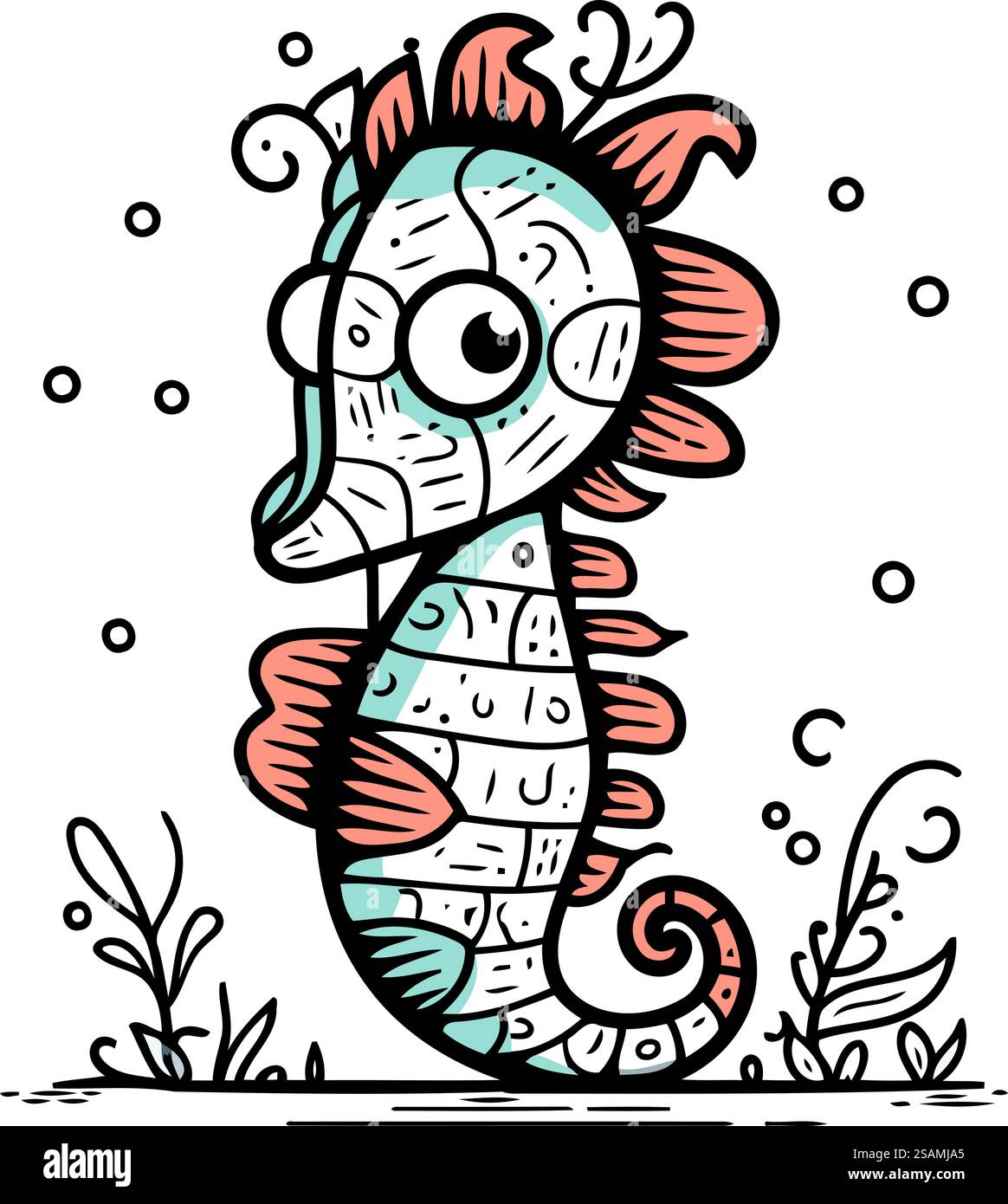 Seepferd. Meerestier. Vektorillustration im Doodle-Stil. Stock Vektor