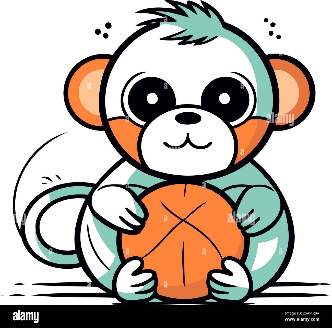 Süßer Affe, der einen Basketball hält. Vektorabbildung. Zeichentrickfigur. Stock Vektor