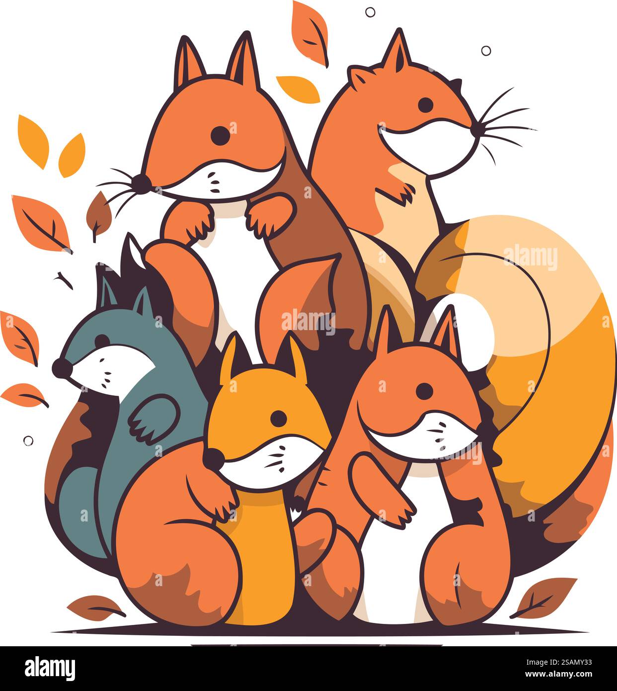 Vektor-Illustration einer Gruppe niedlicher Füchse und Eichhörnchen mit Herbstblättern. Stock Vektor
