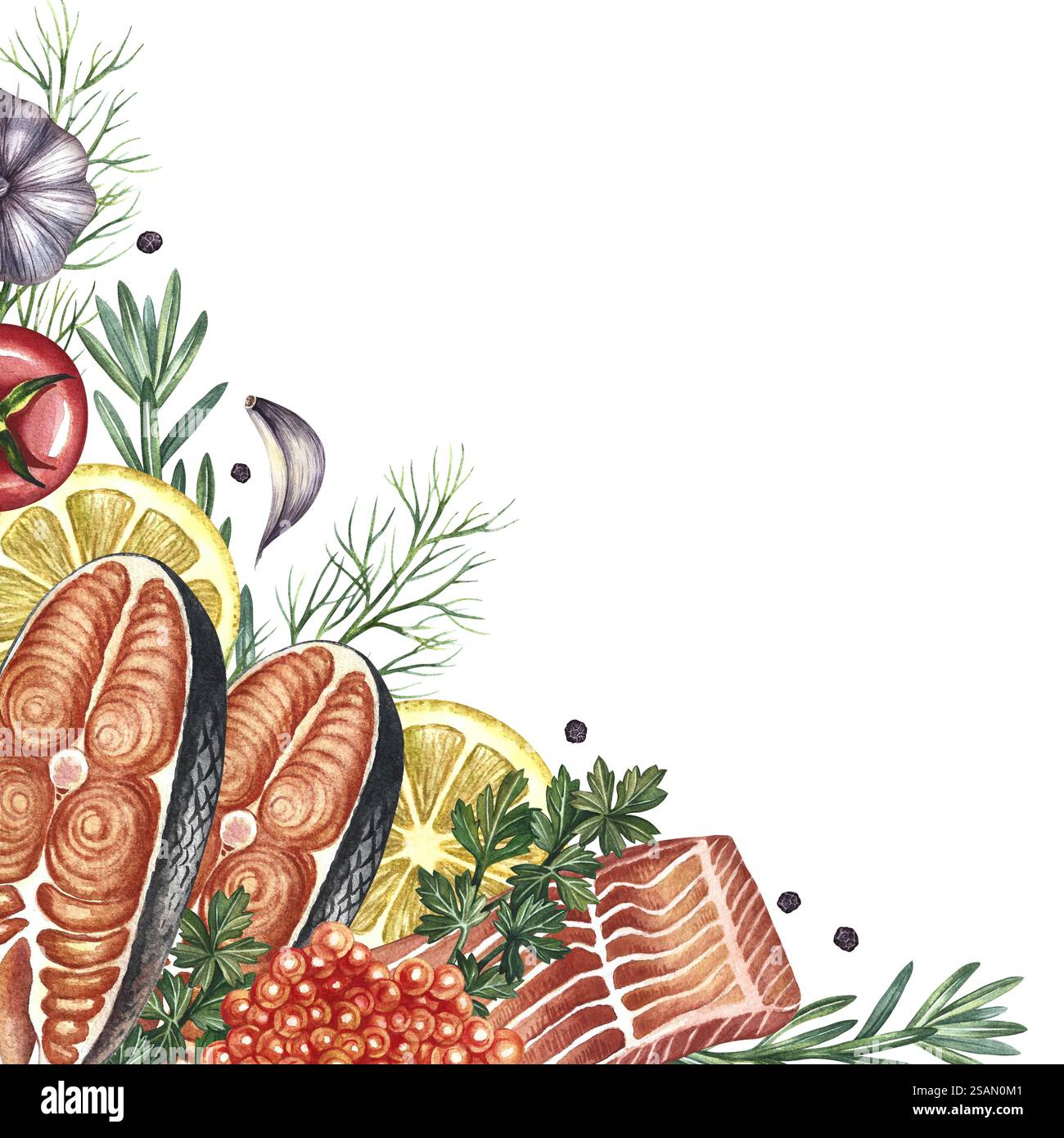 Eckrahmen mit einem Bild von geschnittenem rotem Fisch mit Gemüse. Eine handgezeichnete Aquarellillustration. Ein Farbbild einer Vorlage für Meeresfrüchte. Auf einem weißen B Stockfoto