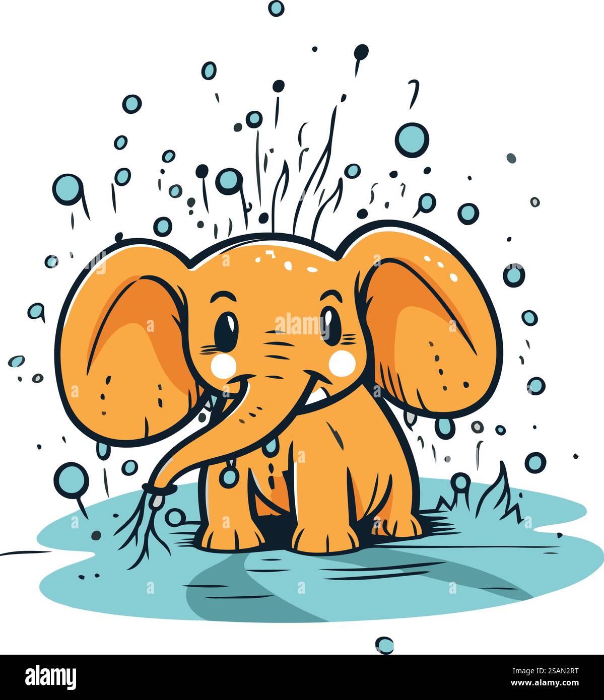 Niedlicher Comic-Elefant mit Spritzern Wasser. Vektorabbildung. Stock Vektor