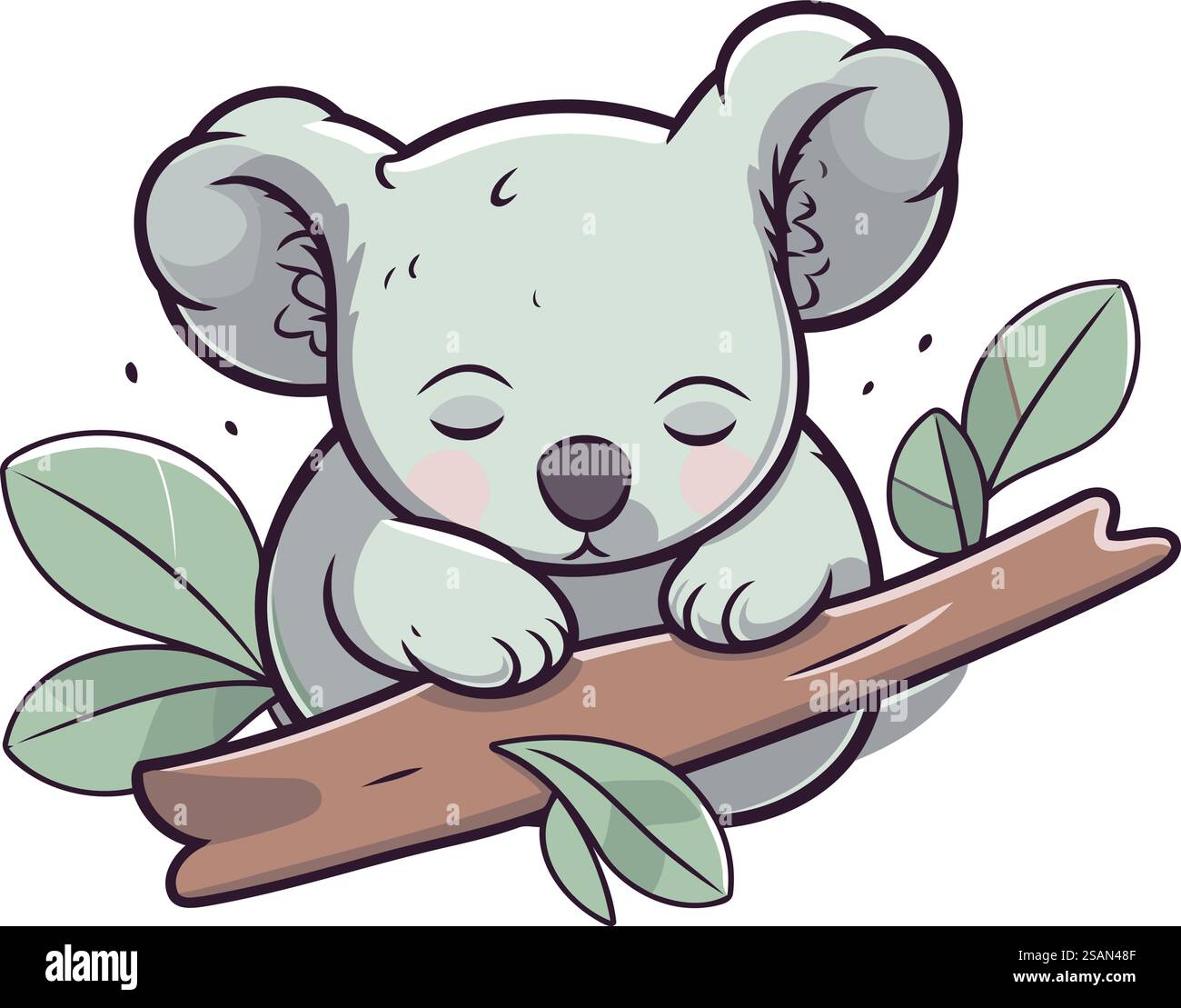 Süßer Koala, der auf einem Ast schläft. Vektor-Zeichentrick-Illustration. Stock Vektor