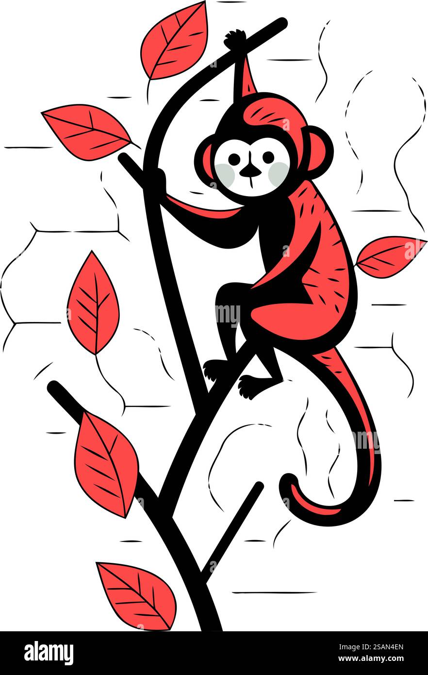 Niedlicher Affe auf einem Baumzweig mit Blättern. Vektorabbildung. Stock Vektor