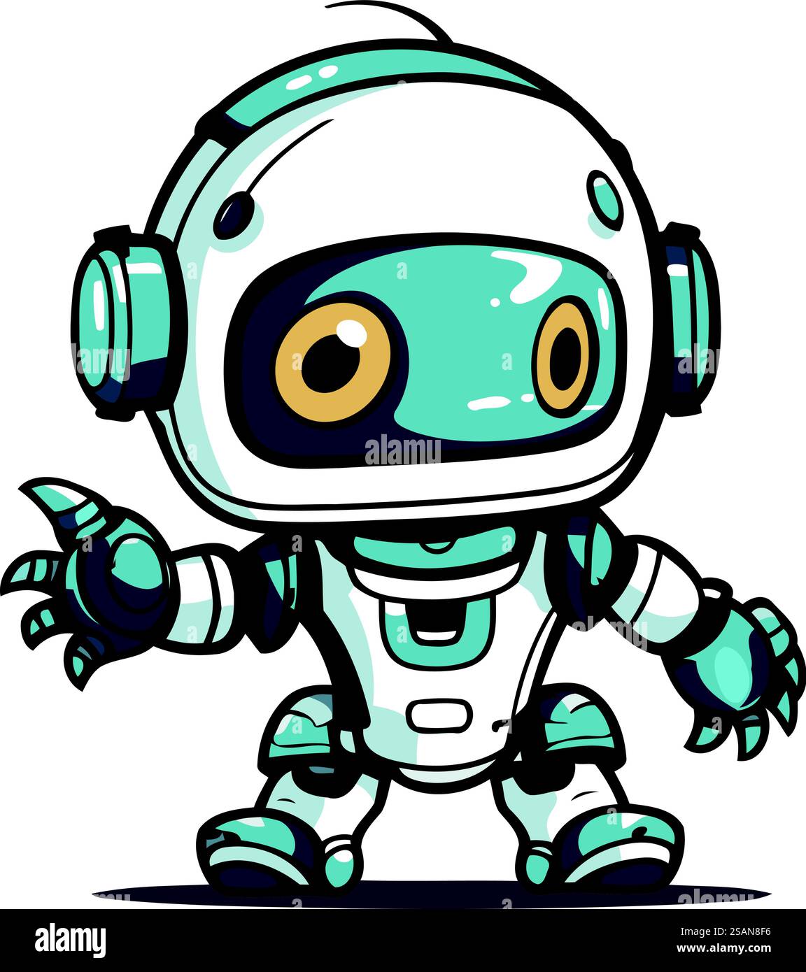 Niedlicher Karikaturroboter mit Kopfhörern. Vektorillustration isoliert auf weißem Hintergrund. Stock Vektor
