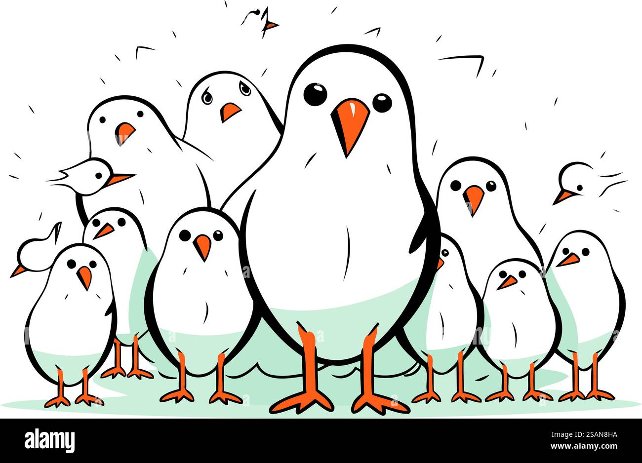 Vektorillustration einer Gruppe weißer Vögel. Handgezeichneter Cartoon-Stil. Stock Vektor