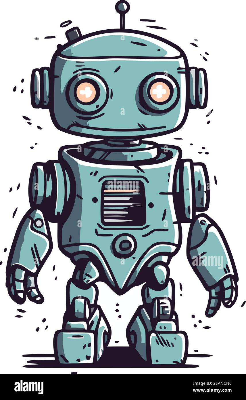 Niedlicher Karikaturroboter. Handgezeichnete Vektorgrafik. Isoliert auf weiß. Stock Vektor
