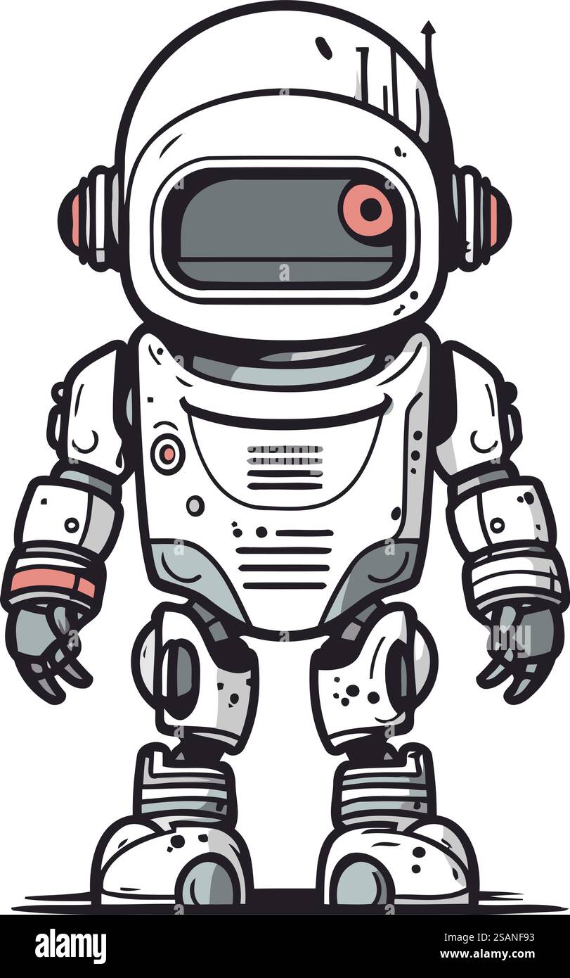 Cartoon Roboter Hand gezeichnete Vektor Illustration. Isoliert auf weißem Hintergrund. Stock Vektor